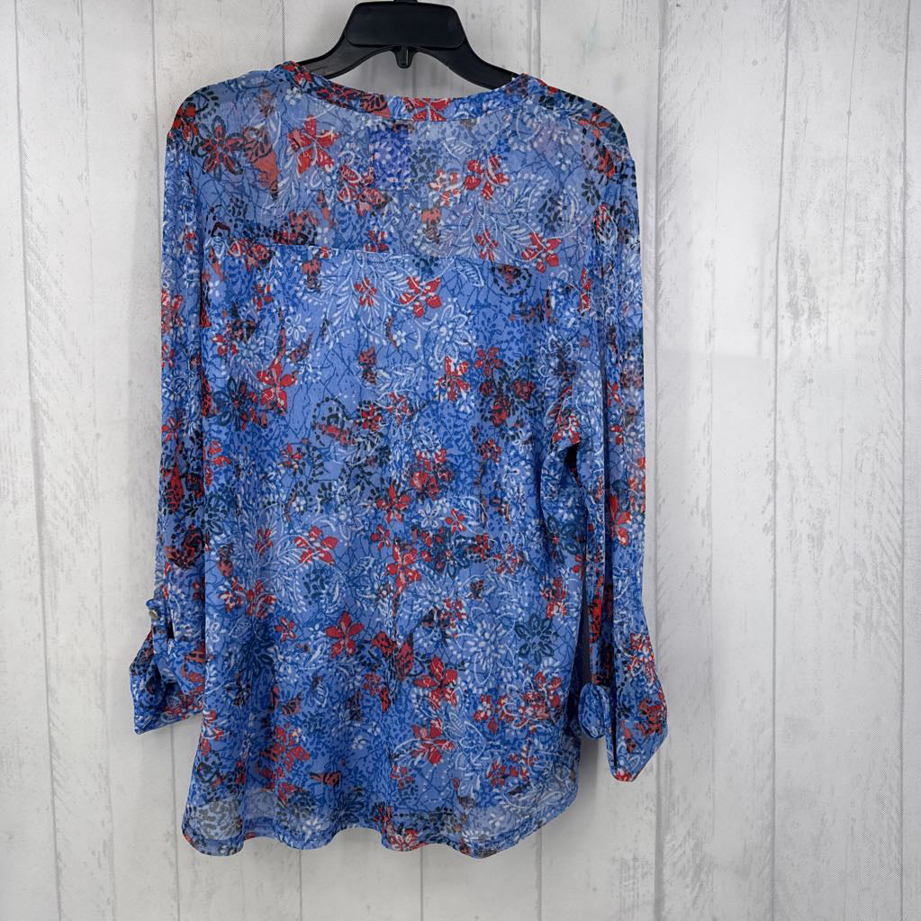 XL mesh flo print pleated l/s top