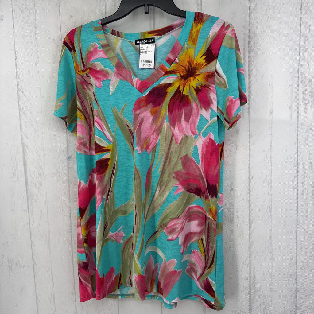 S flo print v-neck s/s top