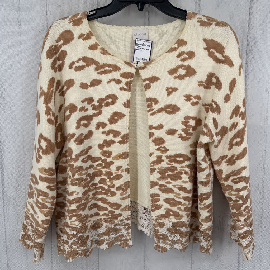 L animal print lace hem open front cardi