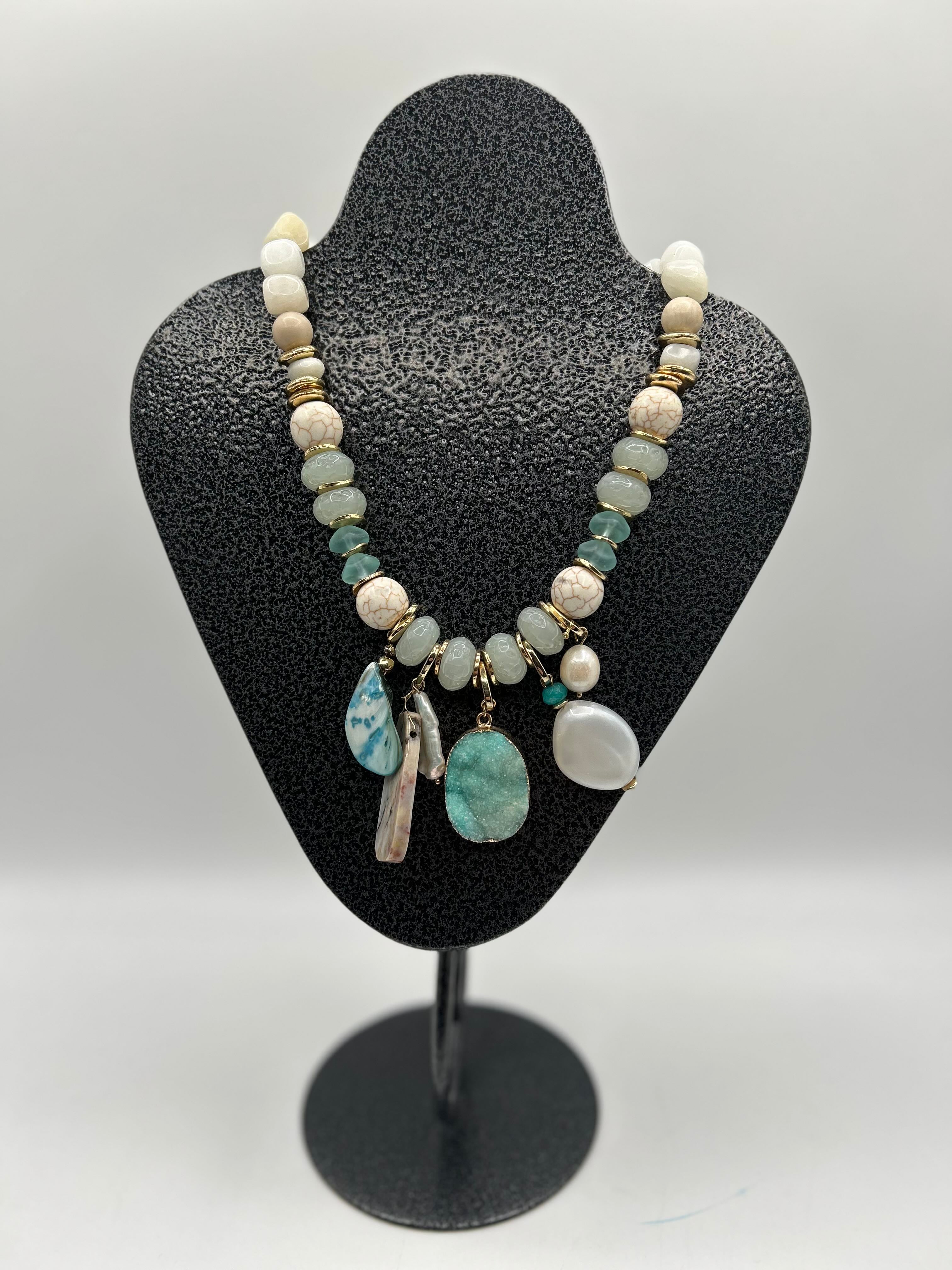 green & white beaded necklace