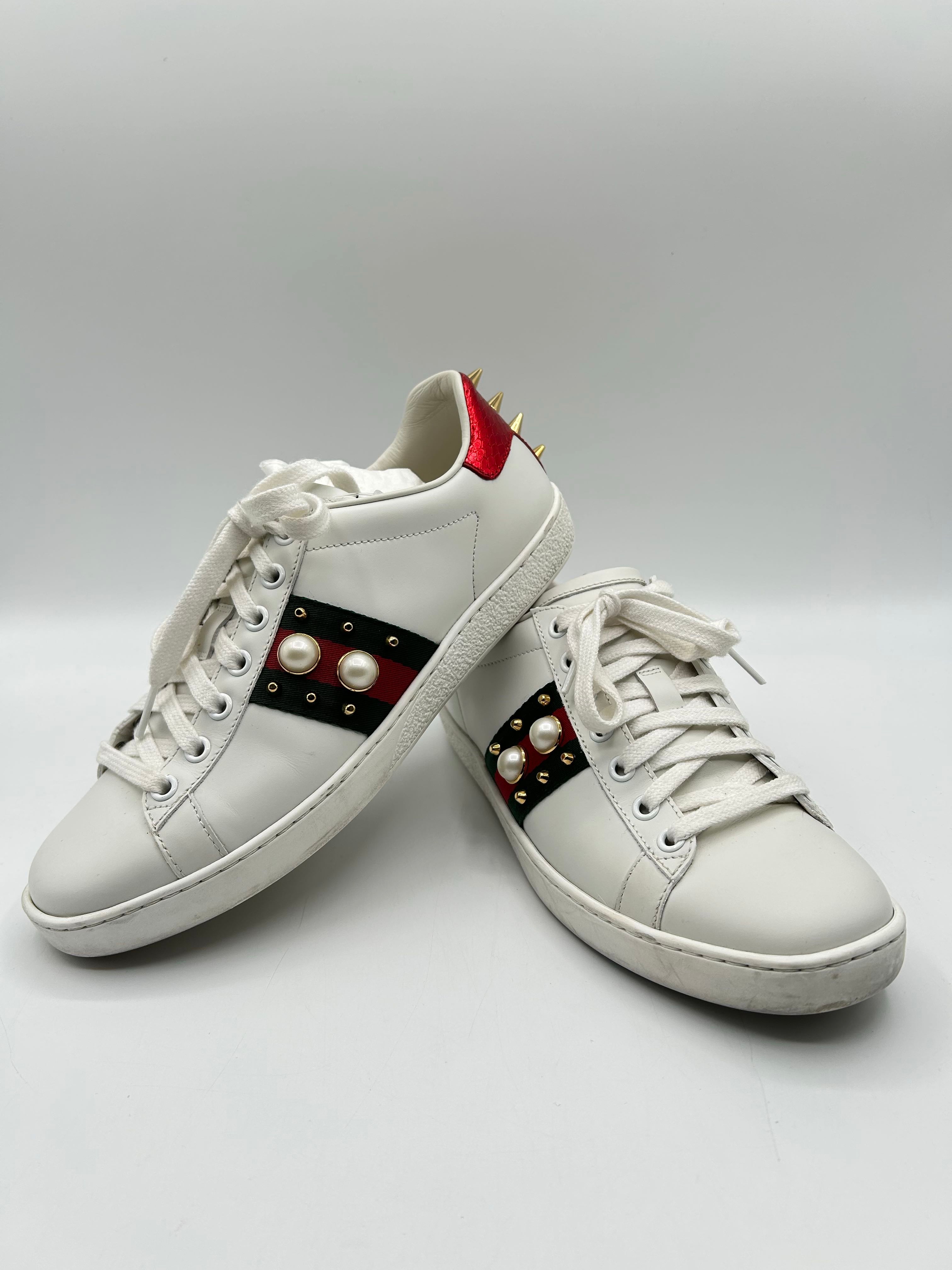 Gucci White Leather Pearl Embellished Ace Low Top Sneakers size 6.5