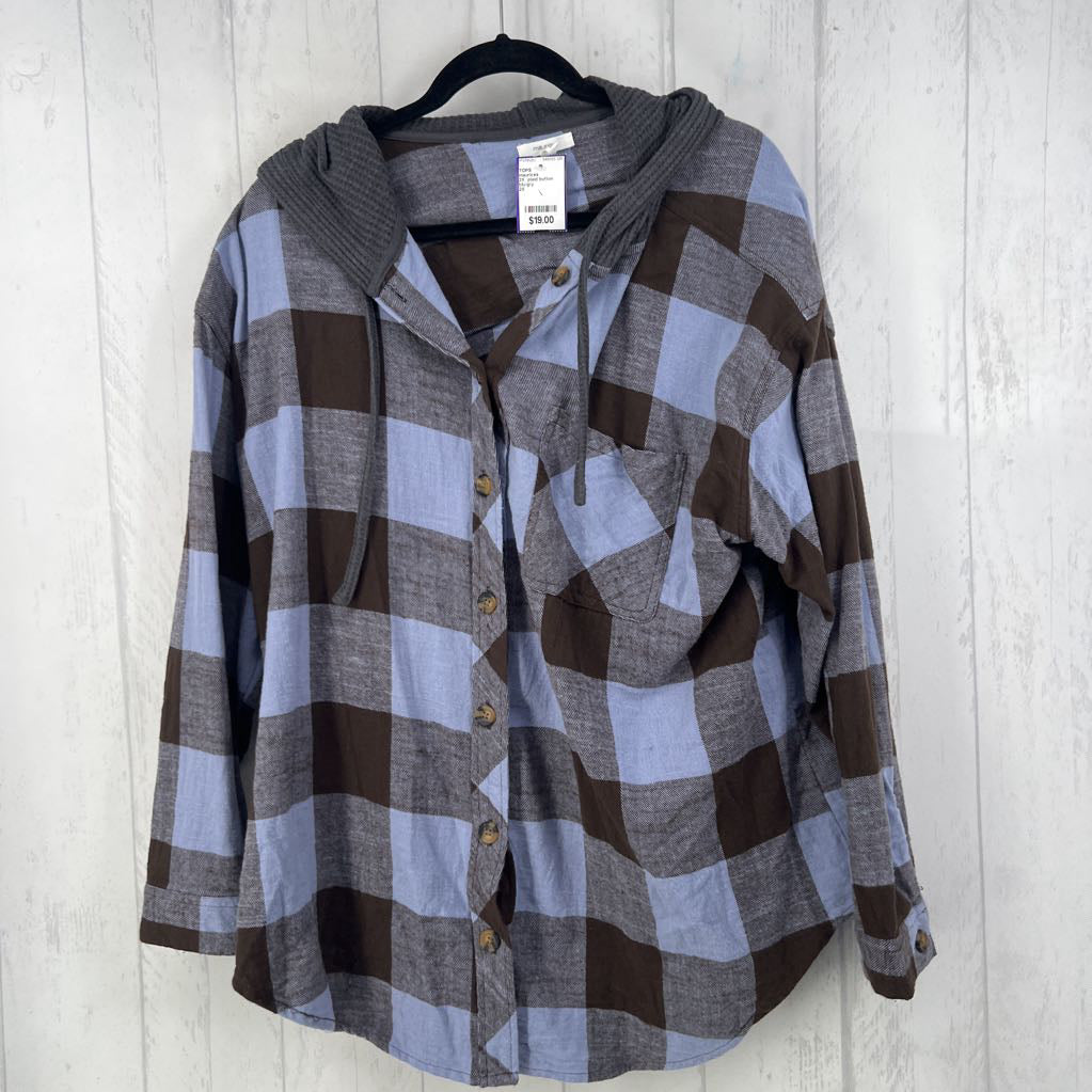 2X plaid button down hooded l/s top