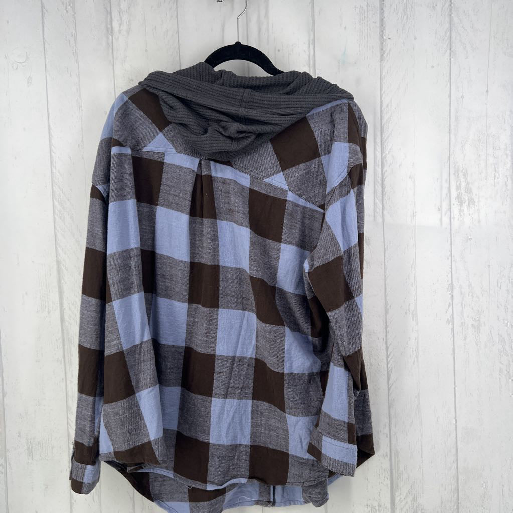2X plaid button down hooded l/s top