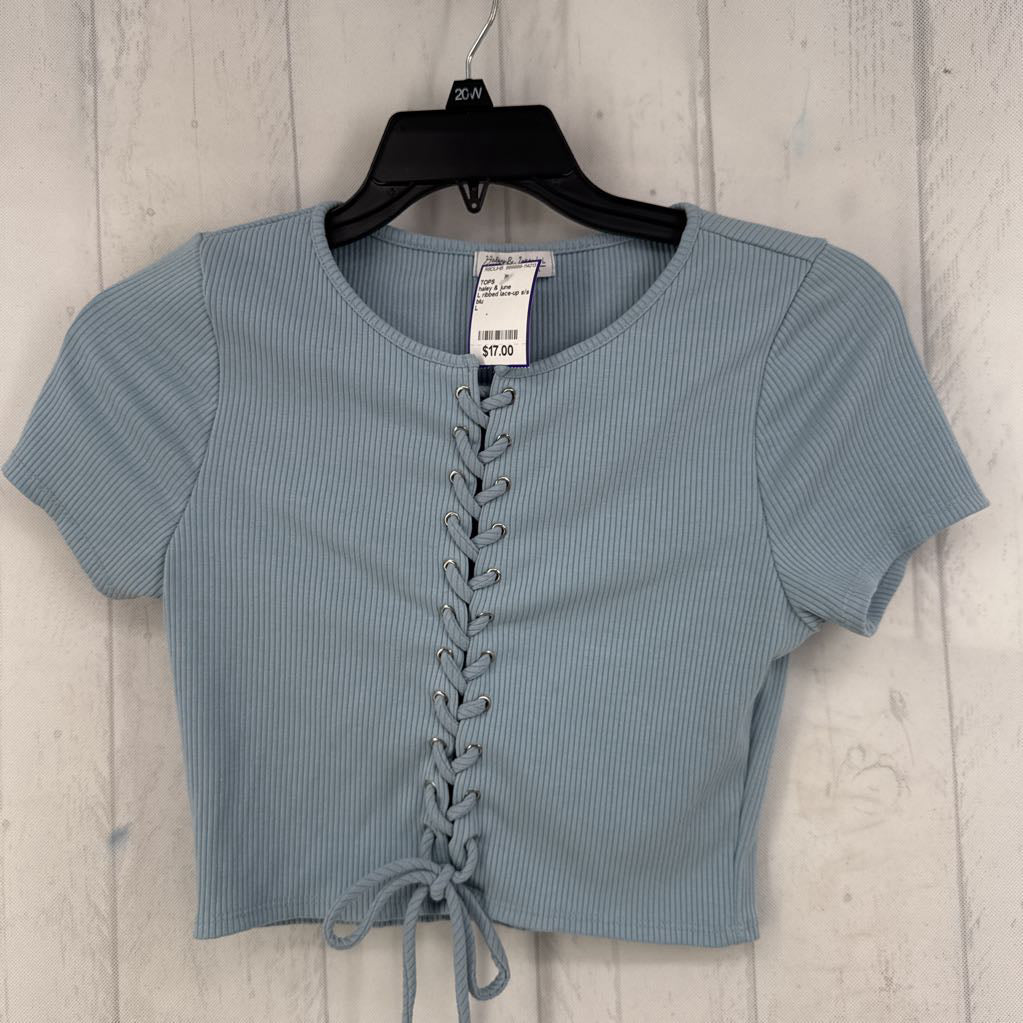 L ribbed lace-up s/s crop top
