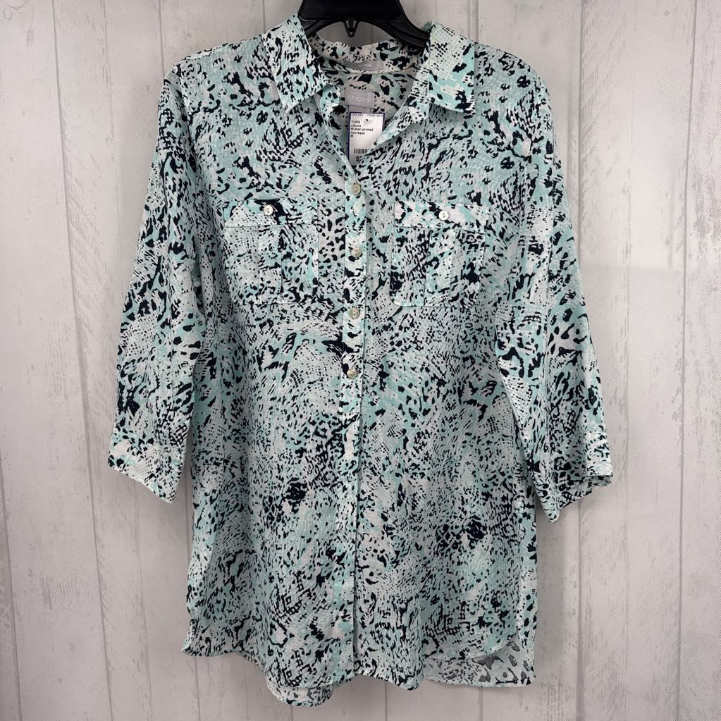 M linen printed button down 3/4 slv top