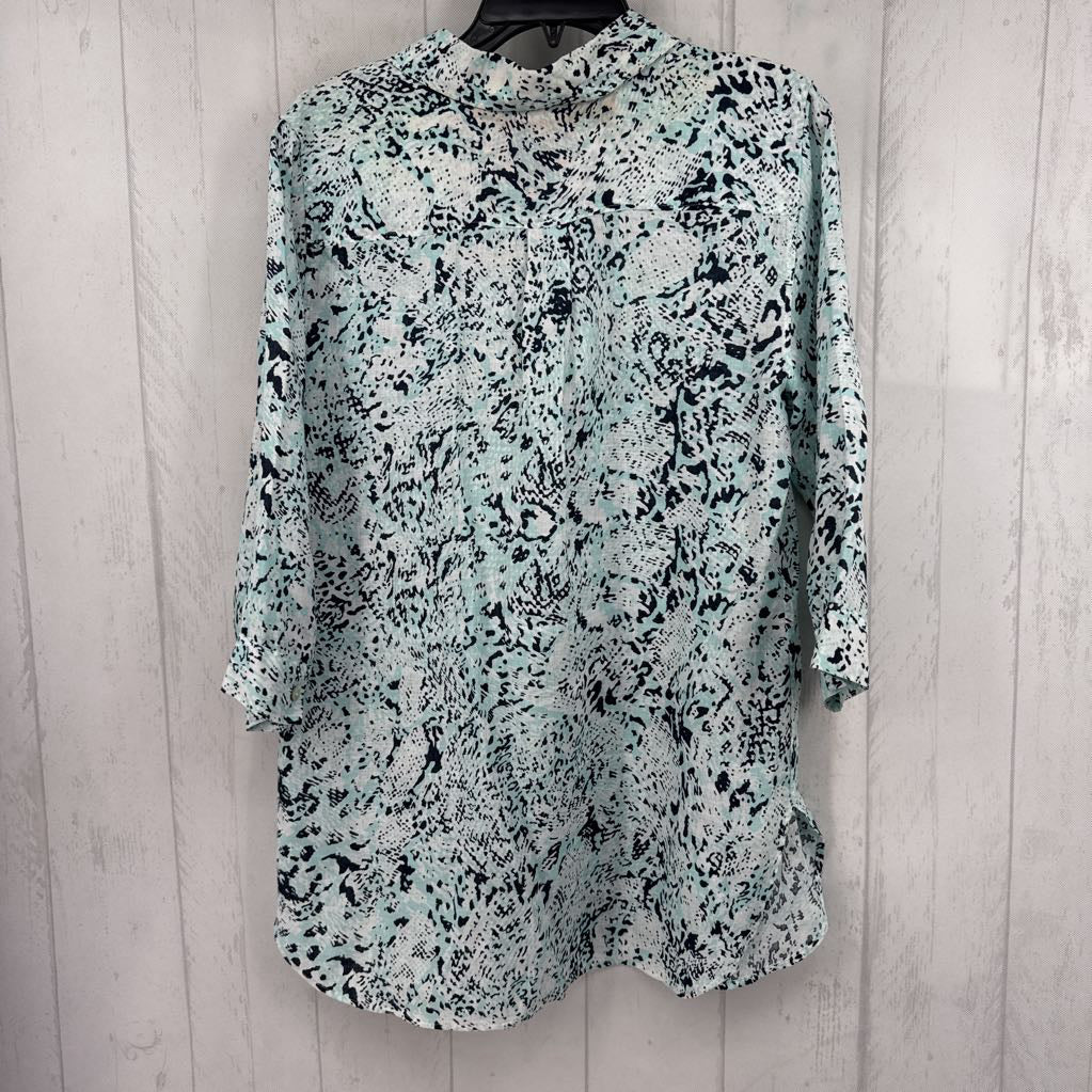 M linen printed button down 3/4 slv top