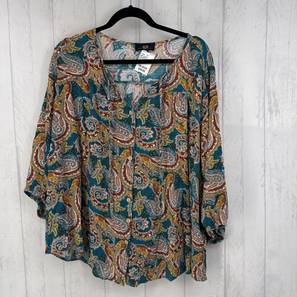 3X paisley print button down elbow slv top