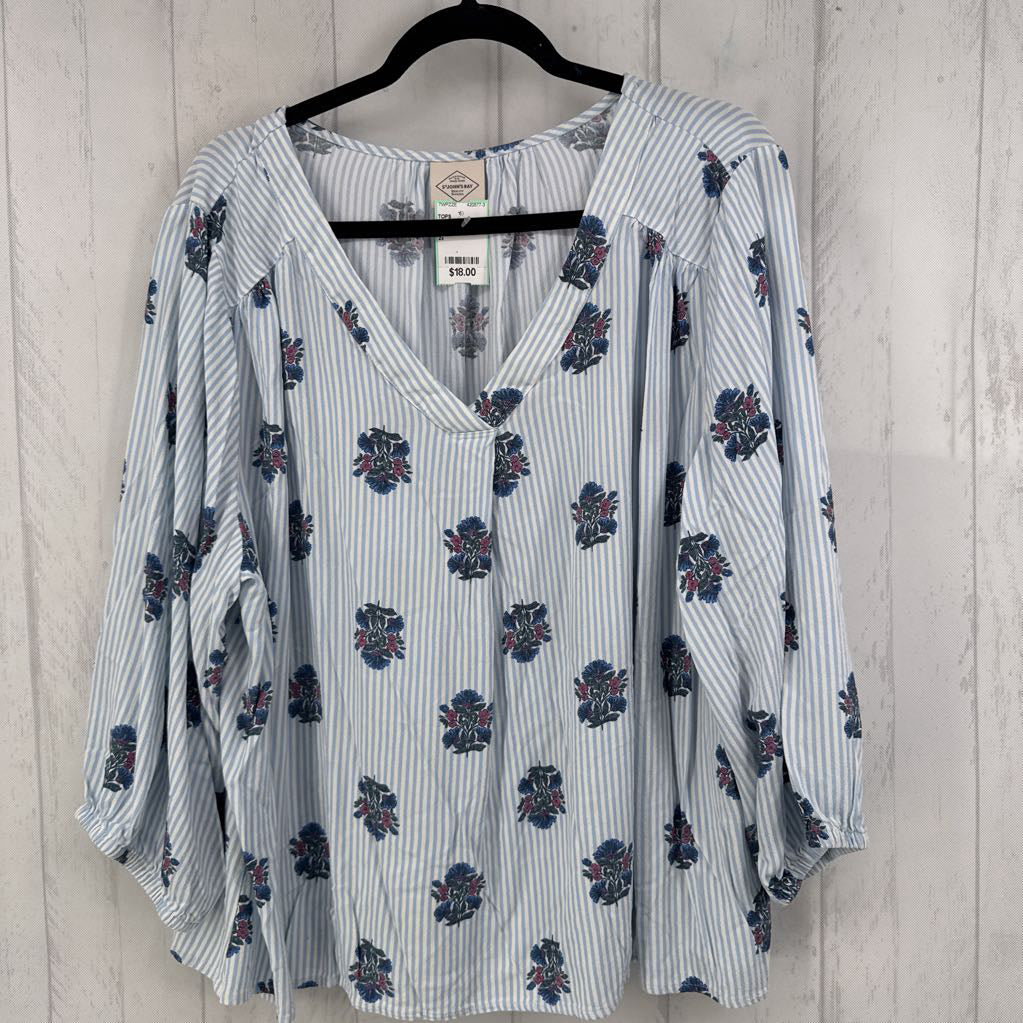 2X striped floral v-neck 3/4 slv top