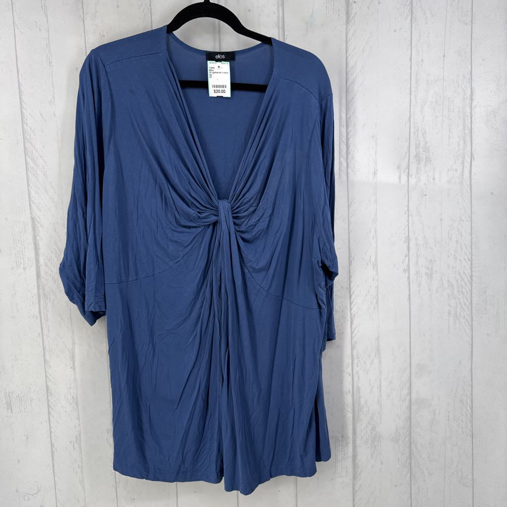 3X gathered v-neck 3/4 slv top