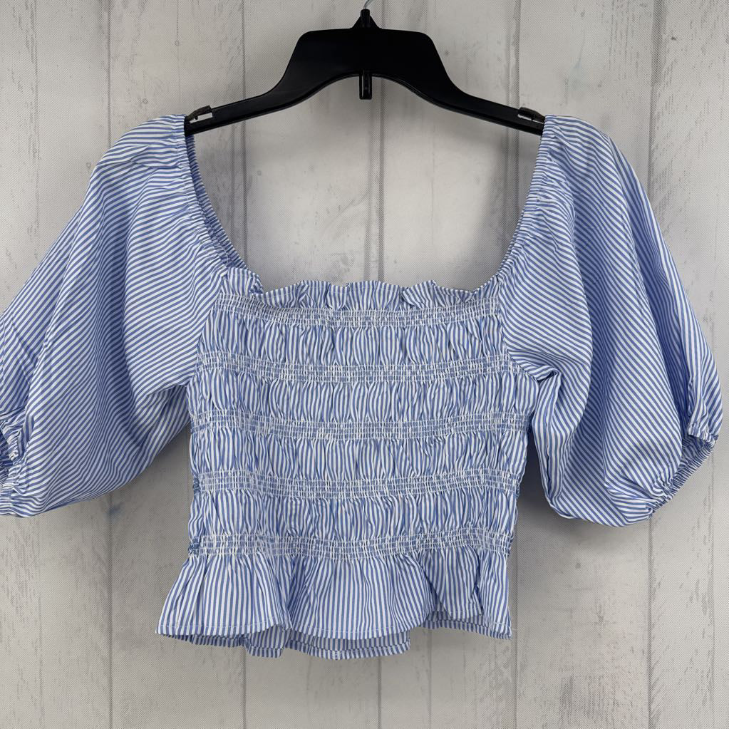 M striped smocked elbow slv top