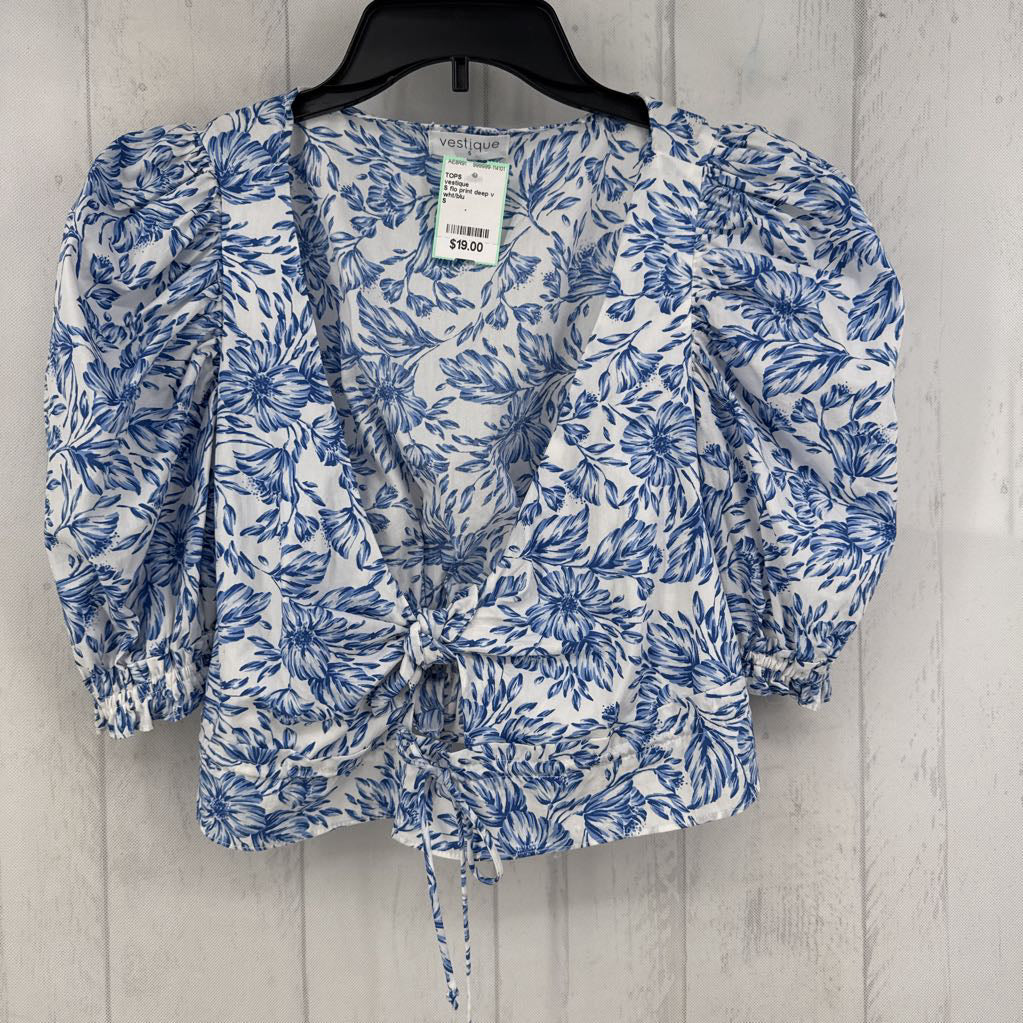 S flo print deep v bow front s/s top