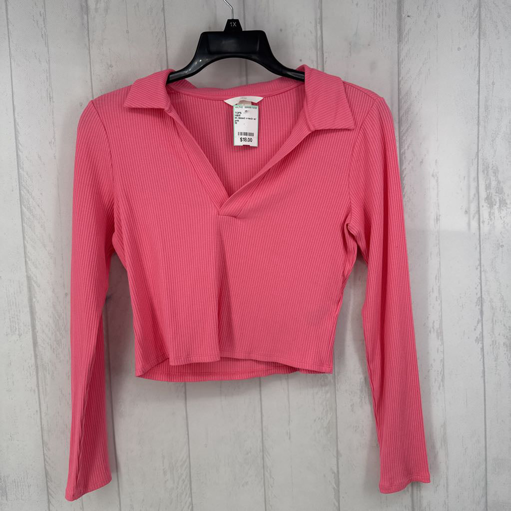 M ribbed v-neck w/ collar l/s crop top