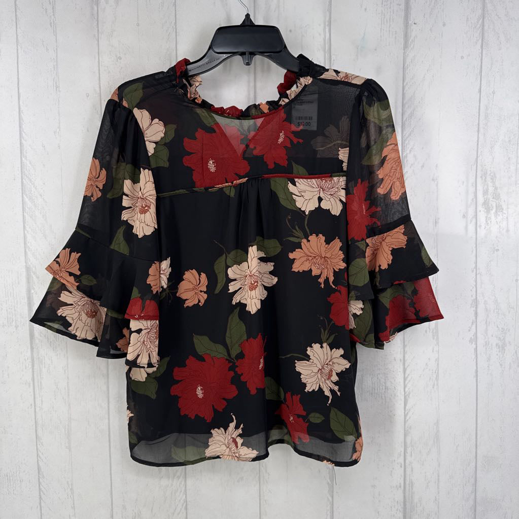 M flo print ruffled slv top