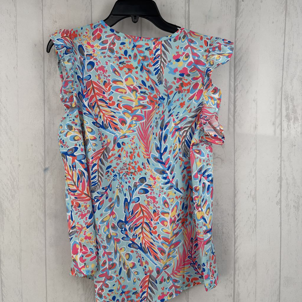 S leaf print v-neck flutter slv top