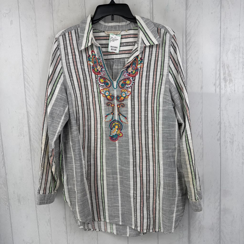 XL striped flo embroidered l/s top