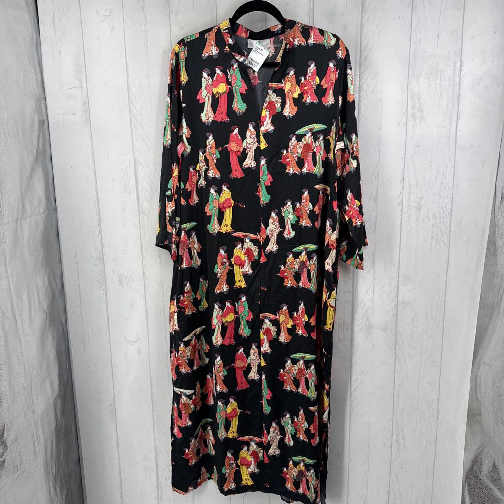L geisha print v-neck zip front l/s dress
