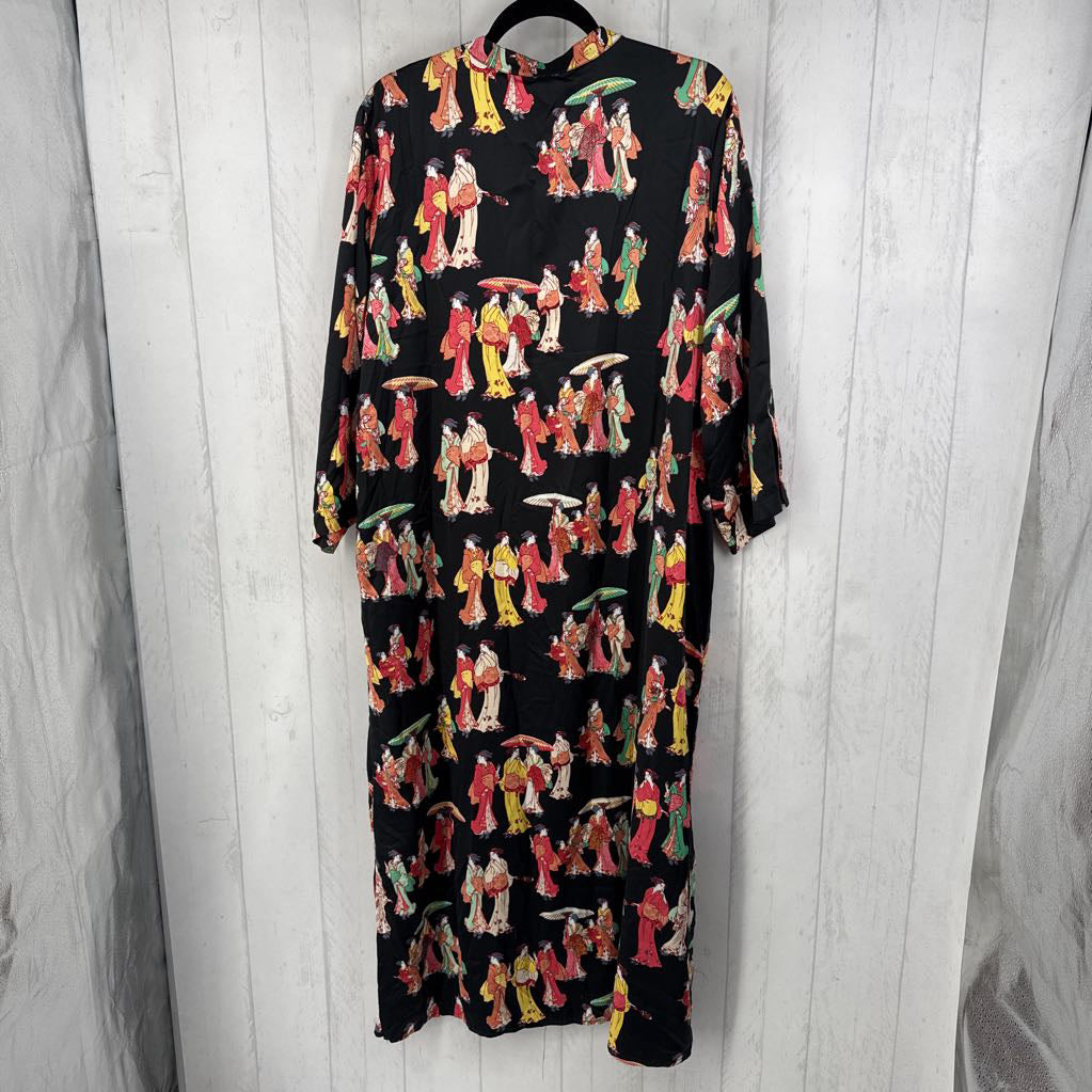 L geisha print v-neck zip front l/s dress