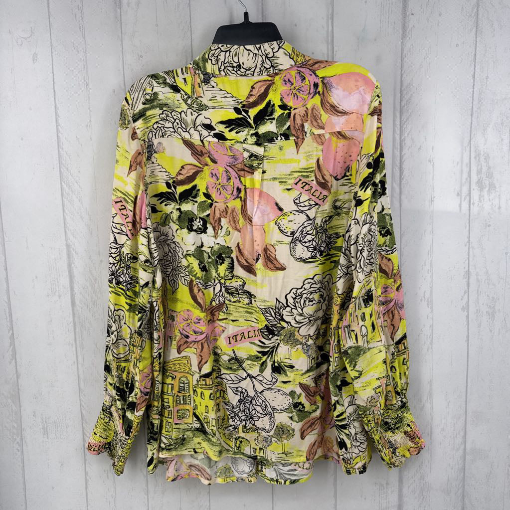 XL italia print button down l/s top