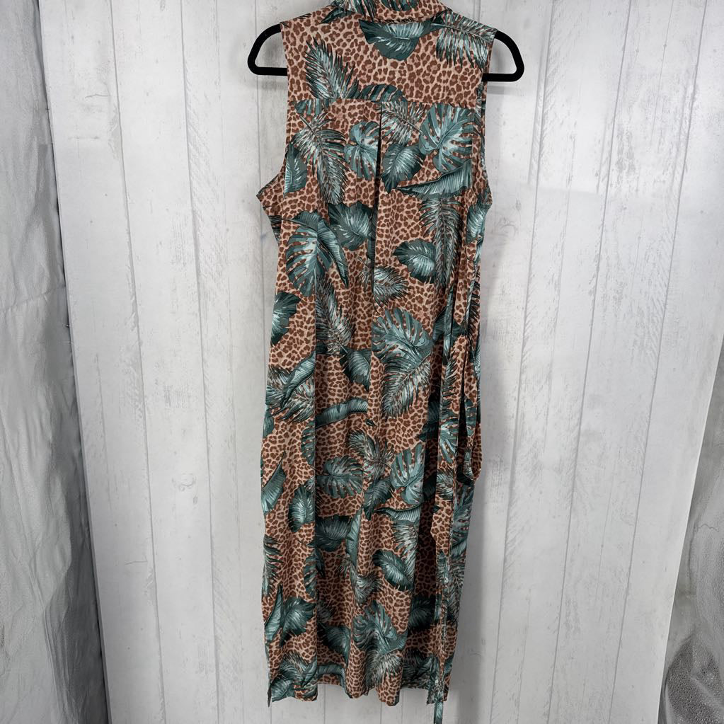 XL animal/leaf print button down slvls dress