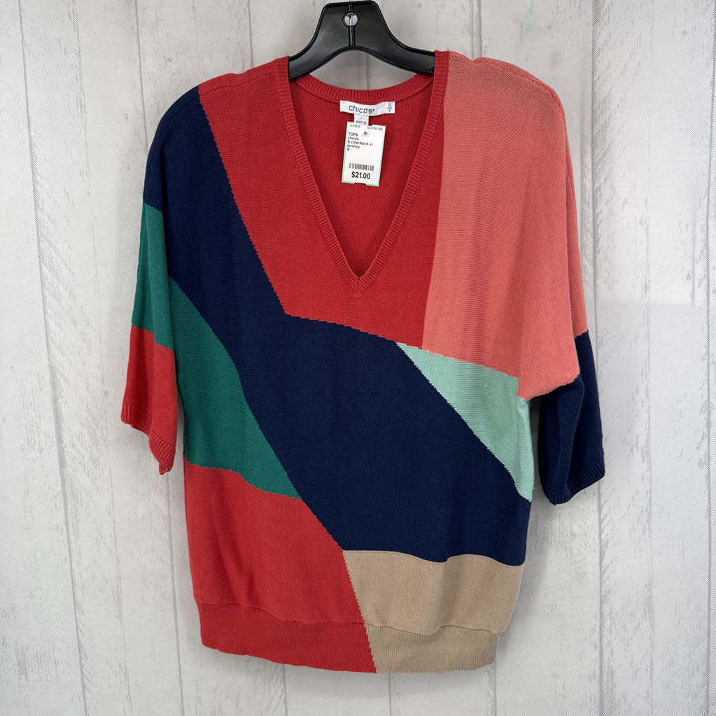 S colorblock v-neck elbow slv knit top
