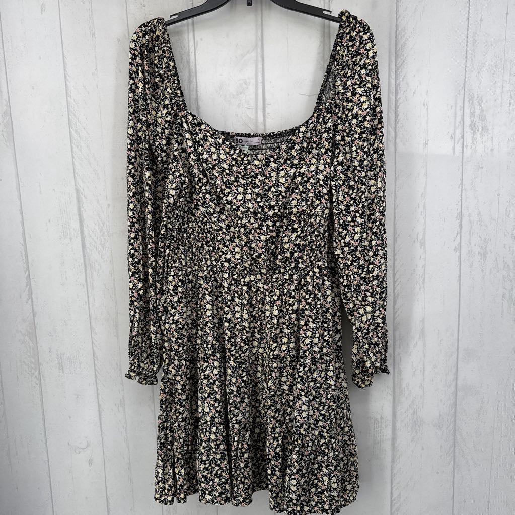 XL flo print button front l/s dress