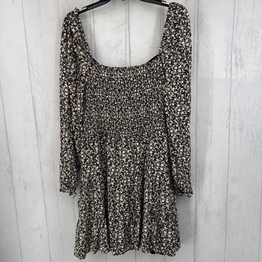 XL flo print button front l/s dress