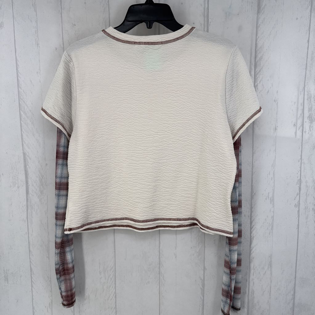 XL plaid slv textured top l/s