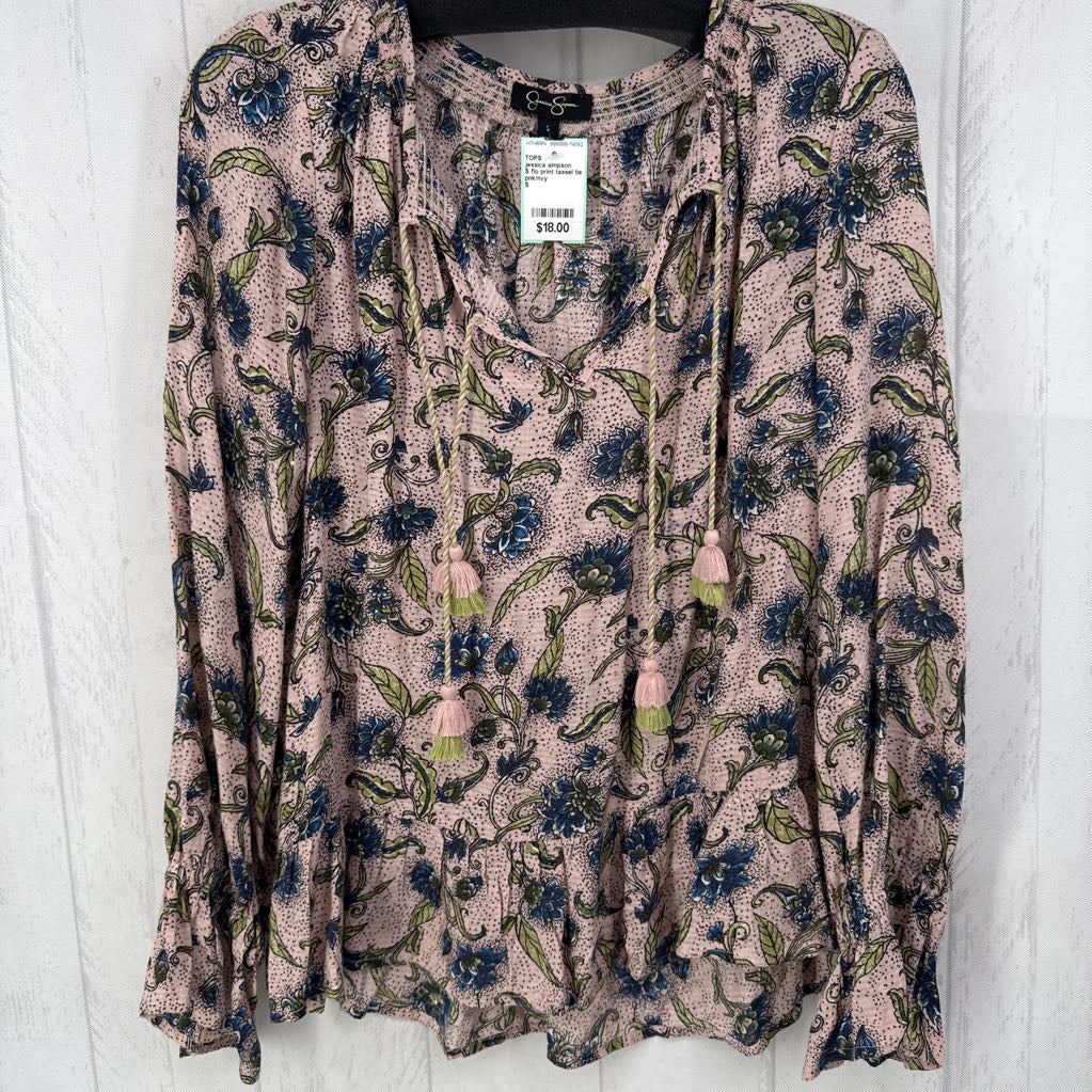 S flo print tassel tie l/s top