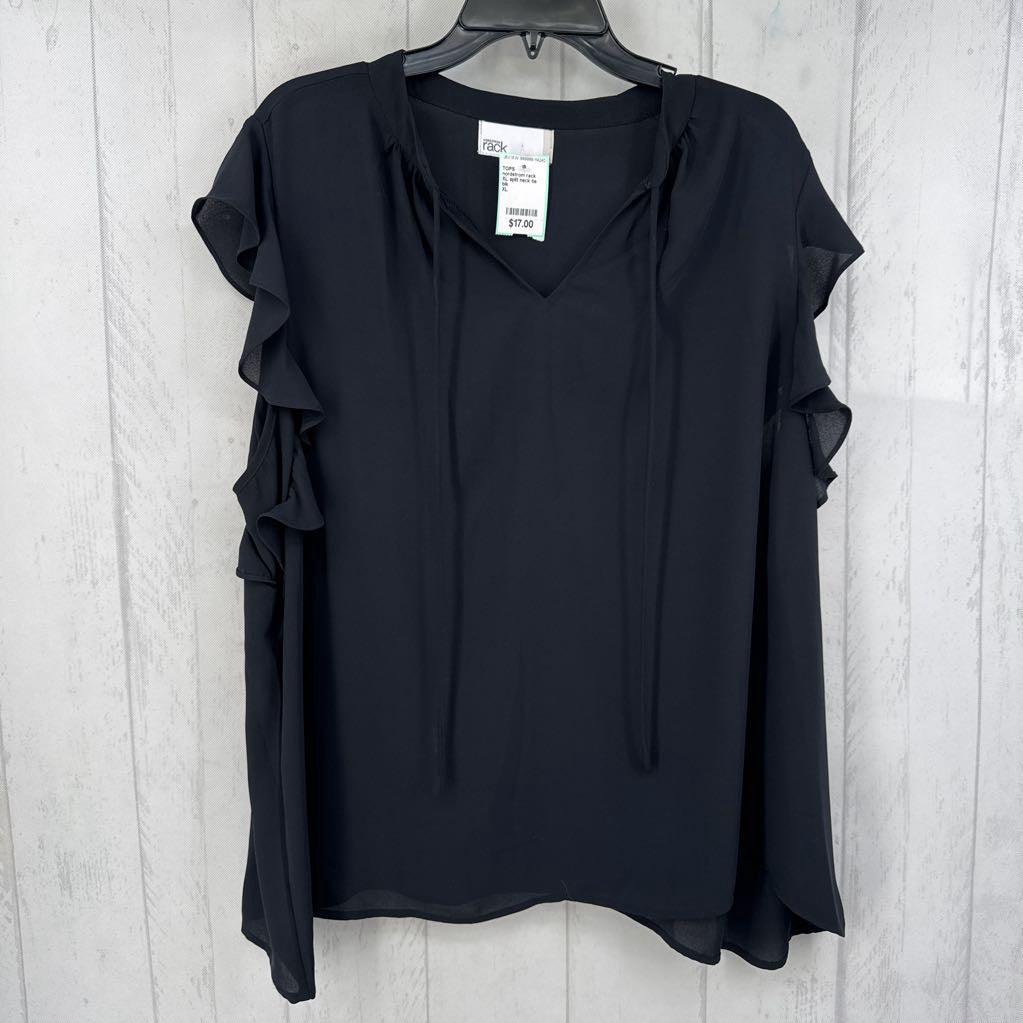 XL split neck tie front ruffled slv top