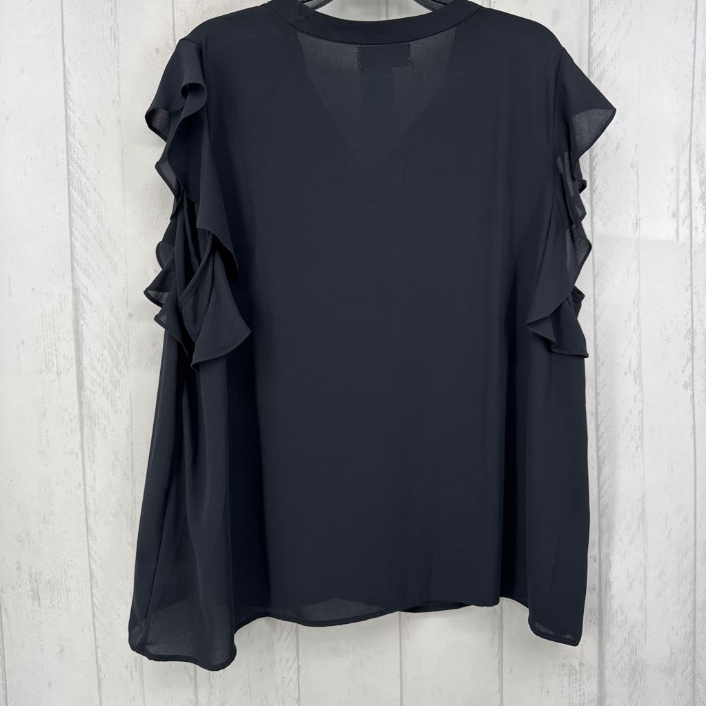 XL split neck tie front ruffled slv top