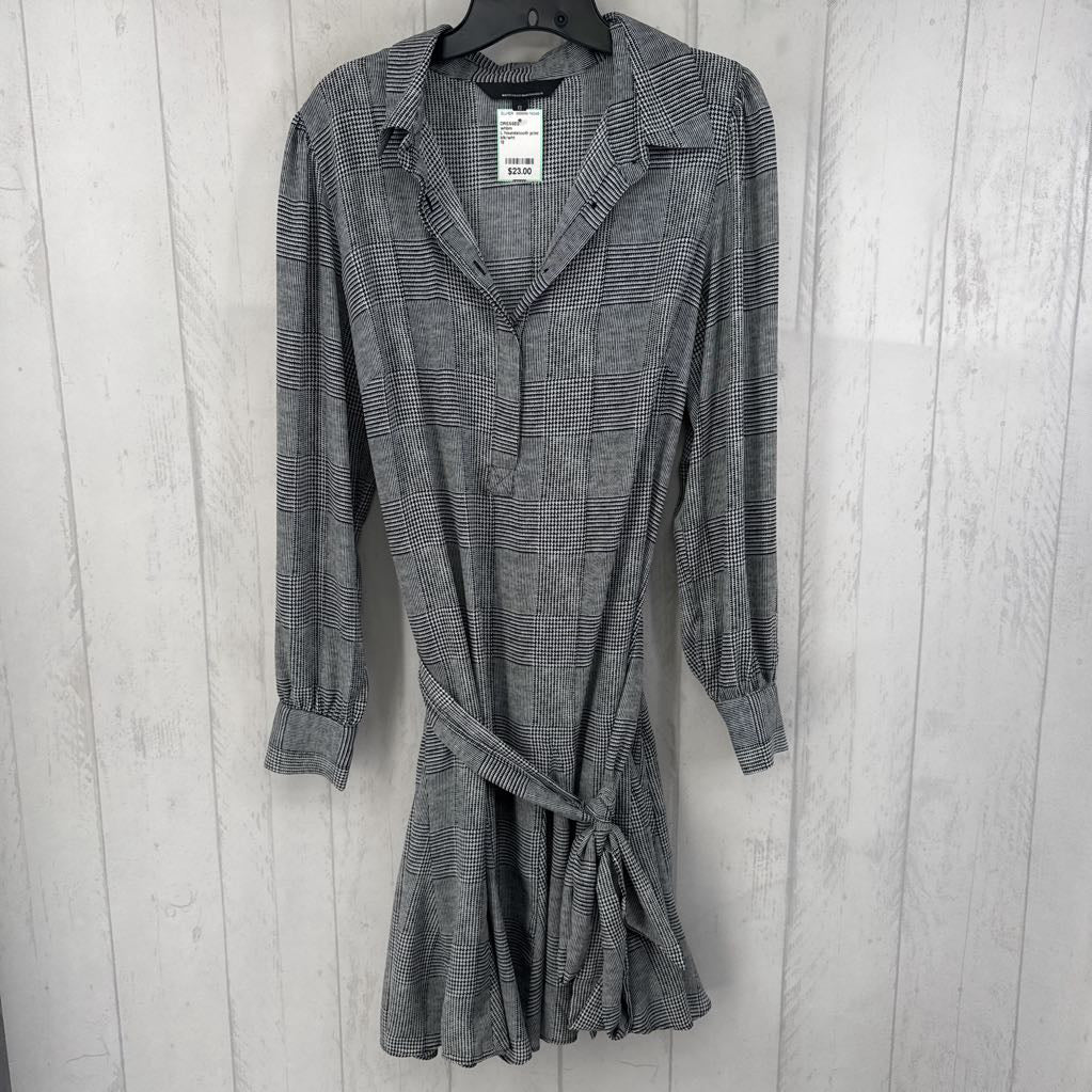 L houndstooth print belted l/s dress