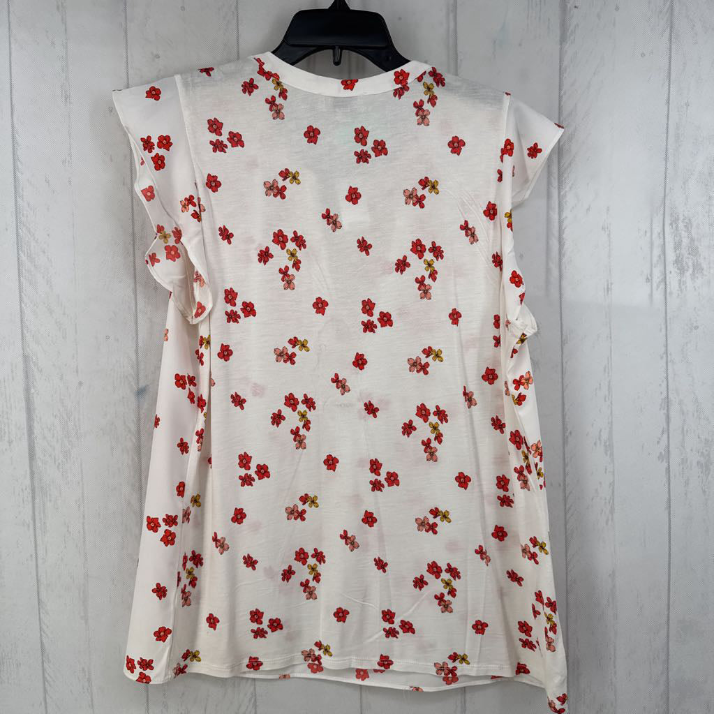 L flo print split neck flutter slv top