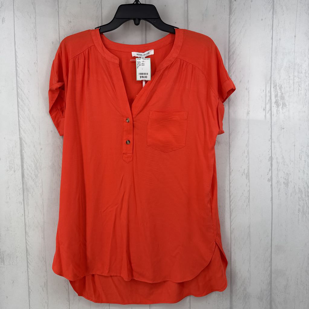 M split neck quarter button down s/s top
