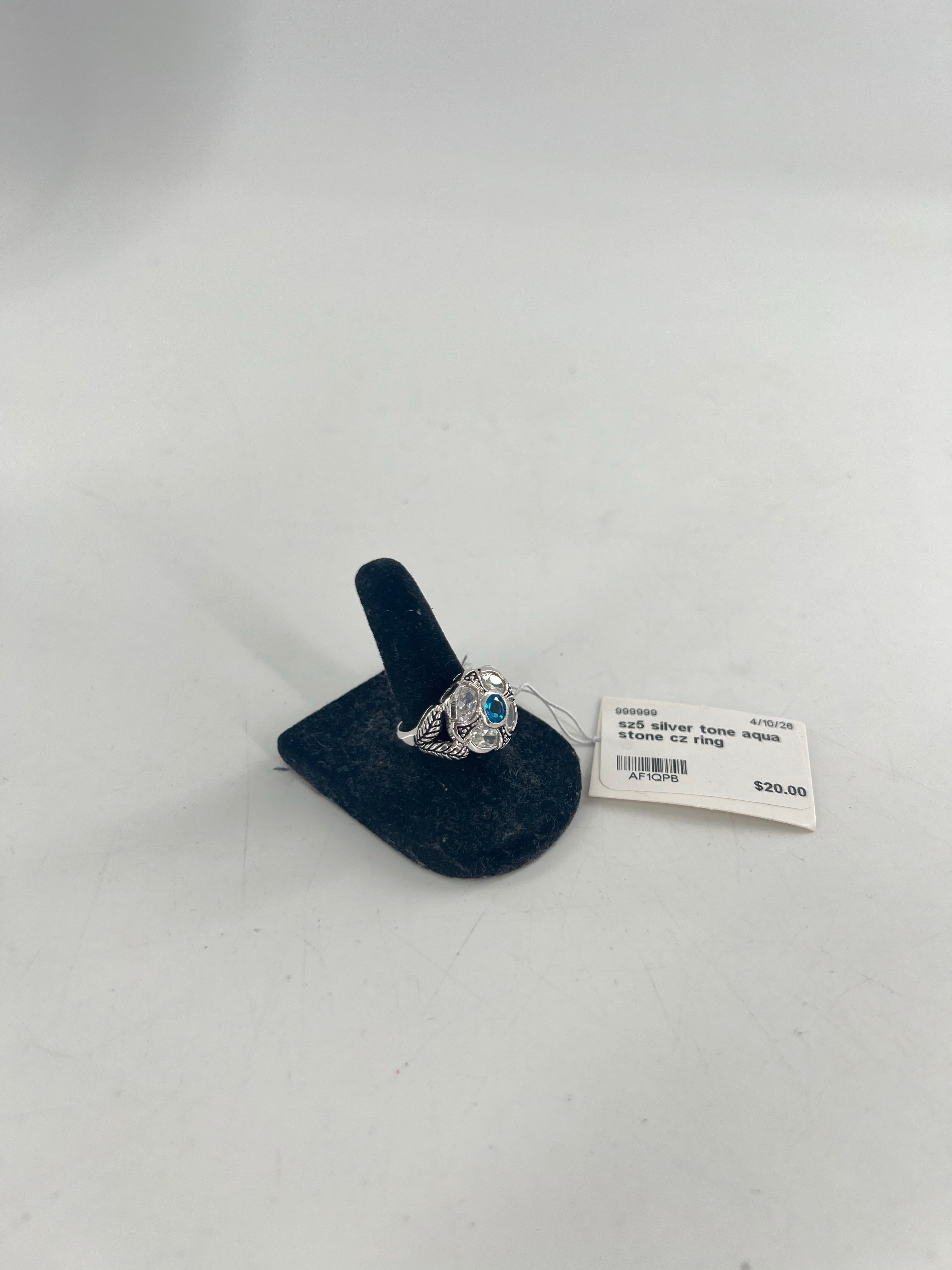sz5 silver tone aqua stone cz ring