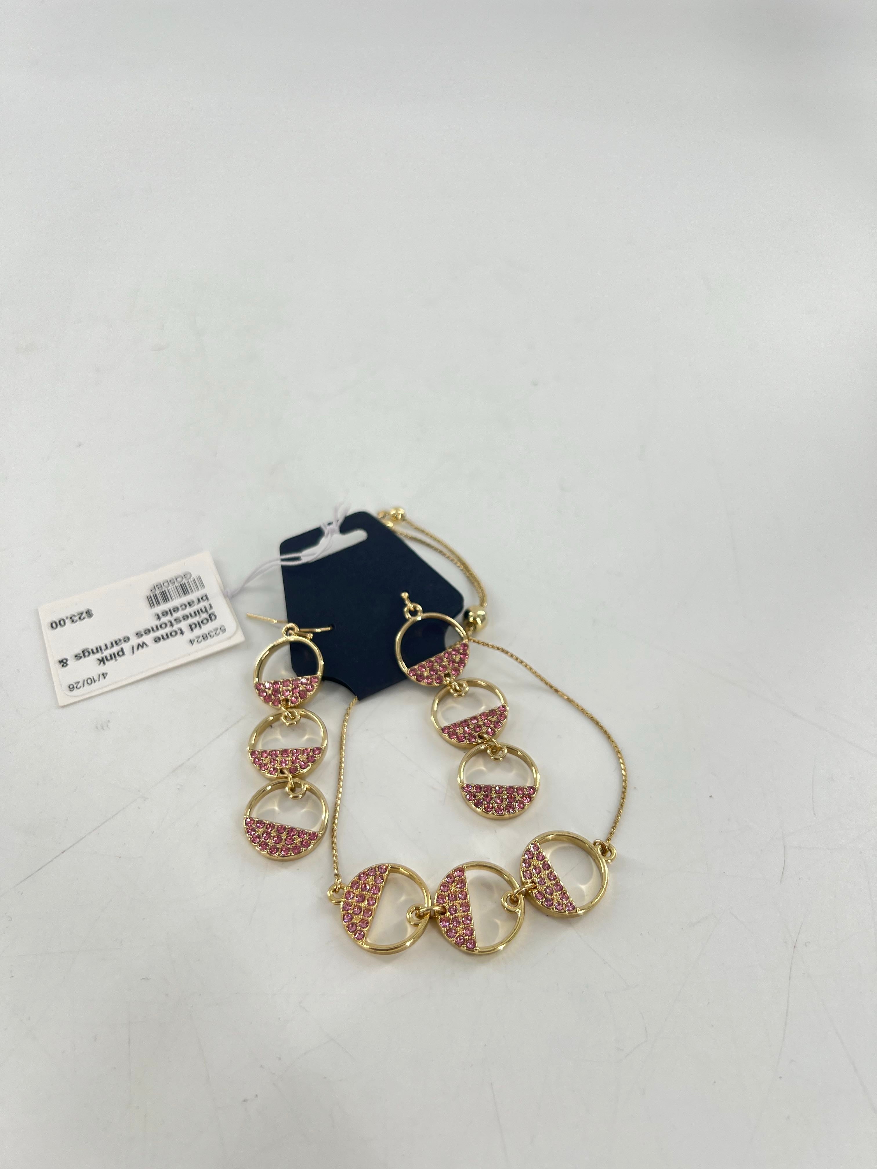 gold tone w/ pink rhinestones earrings & bracelet