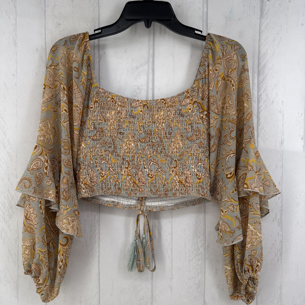 M paisley print smocked crop l/s top