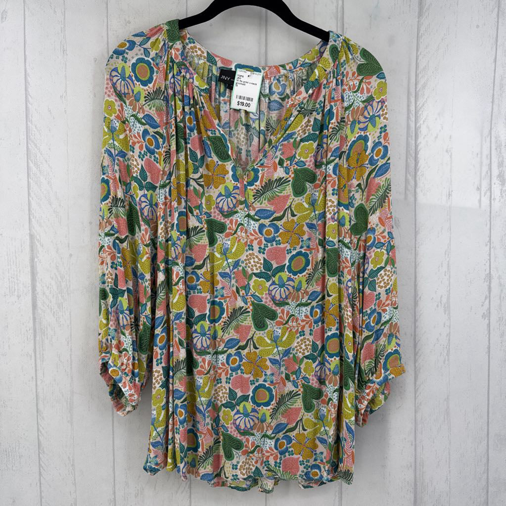 1X flo print v-neck 3/4 slv top