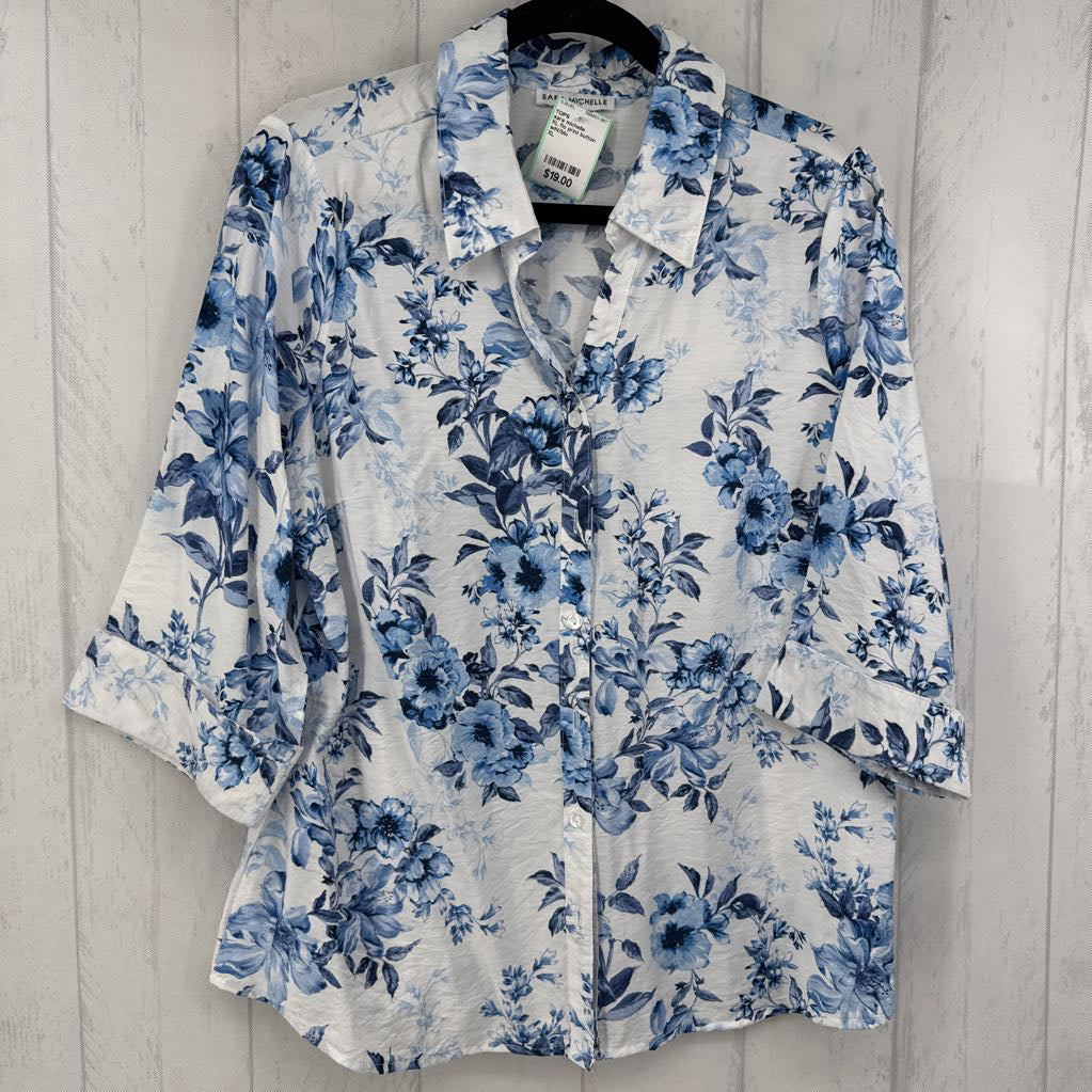 XL flo print button down 3/4 slv top