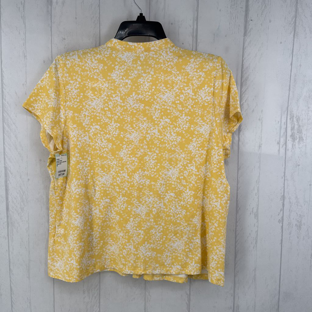 M flo print pleated 1/2 button down s/s top