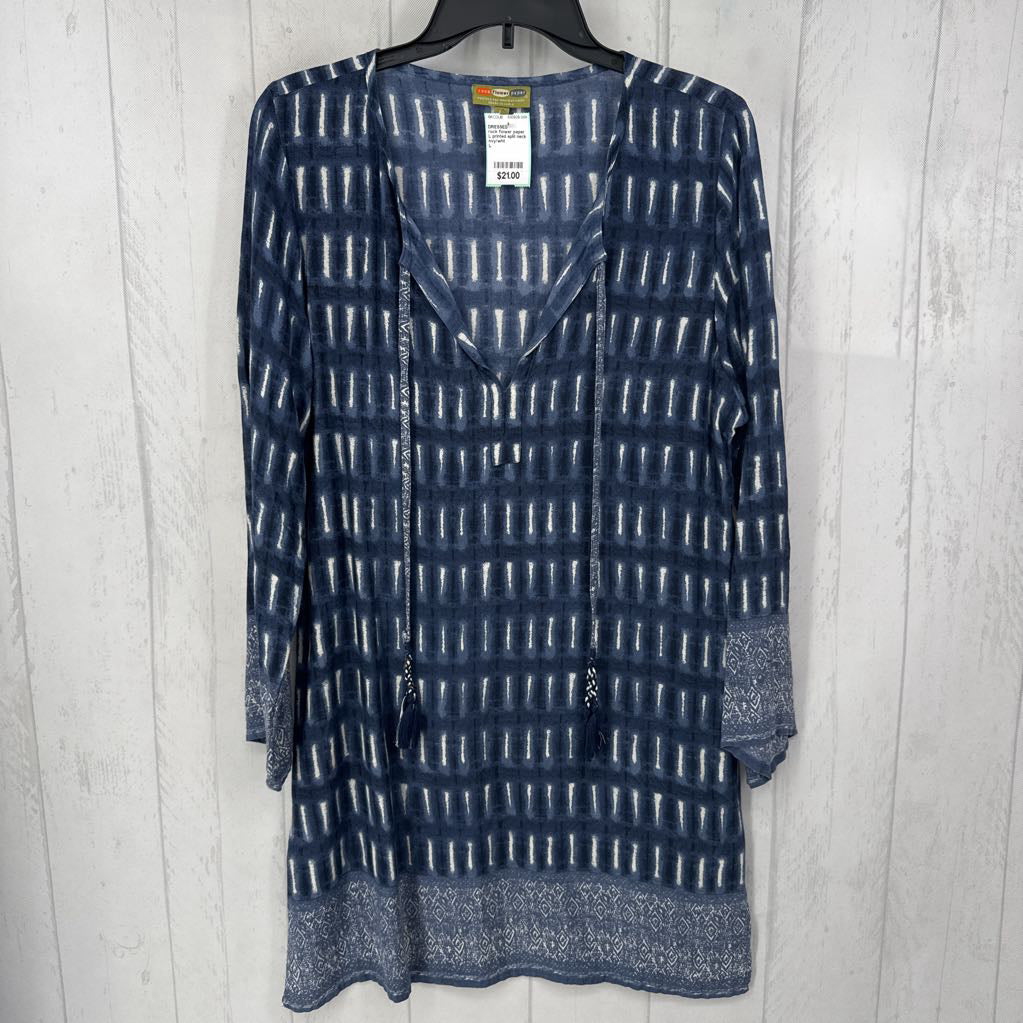 L printed split neck l/s dress