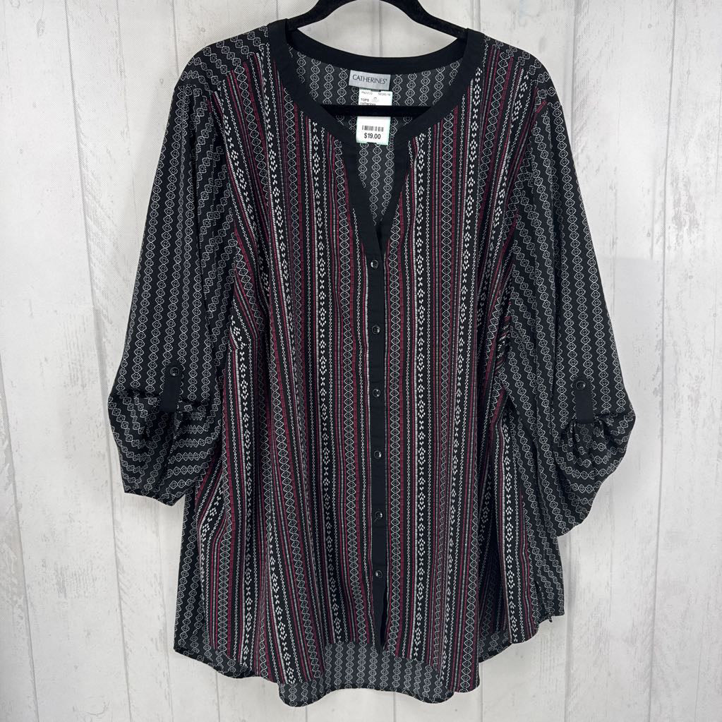 3X striped button down 3/4 slv top