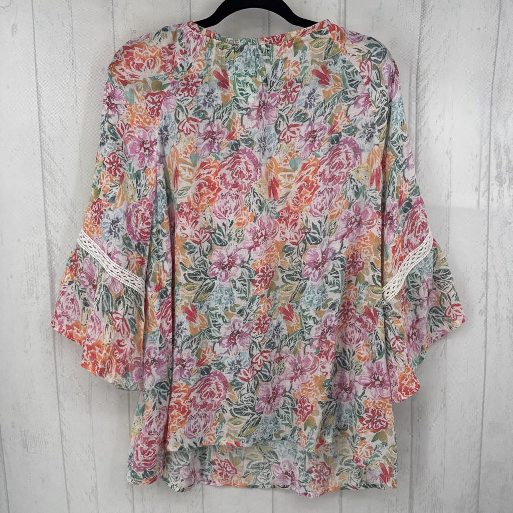 1X flo print notch neck 3/4 slv top