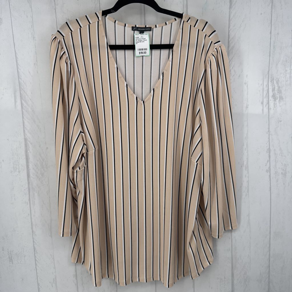 3X striped v-neck 3/4 slv top