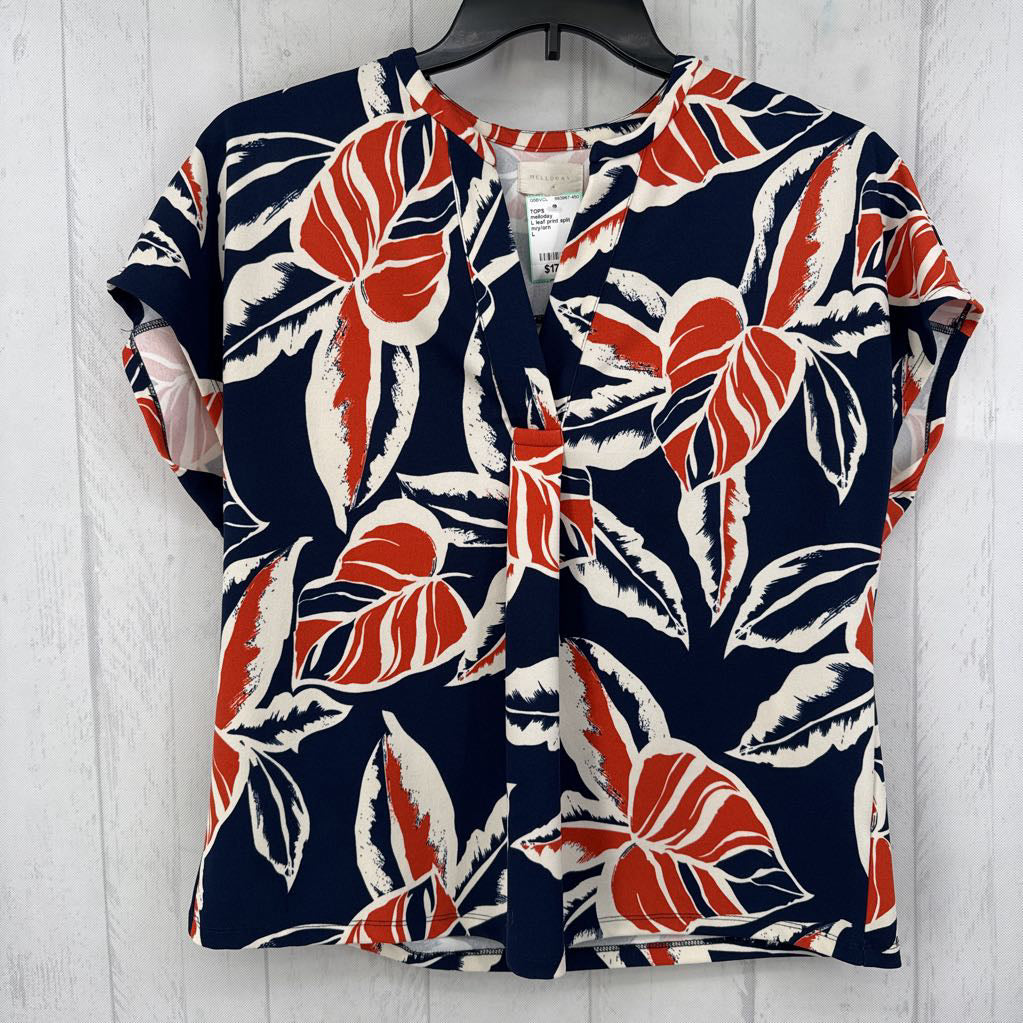 L leaf print split neck cap slv top