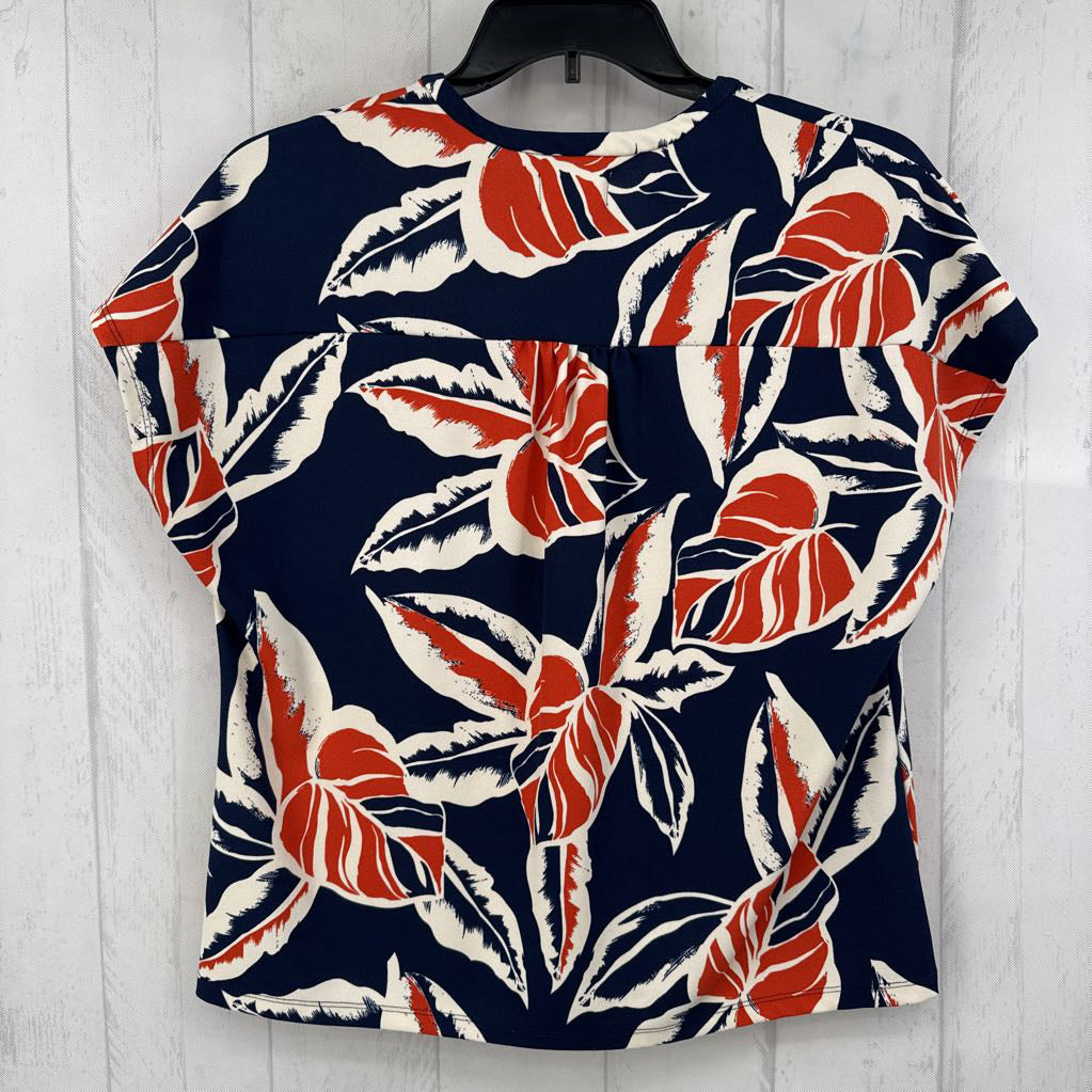 L leaf print split neck cap slv top