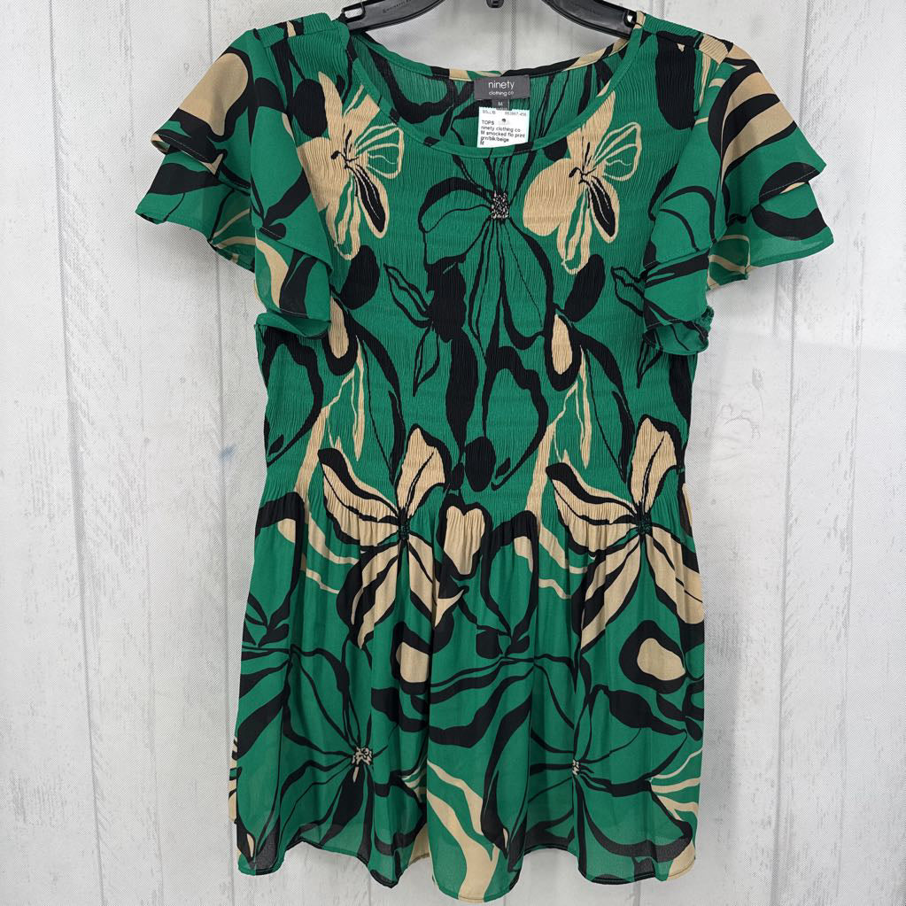 M smocked flo print flutter slv top