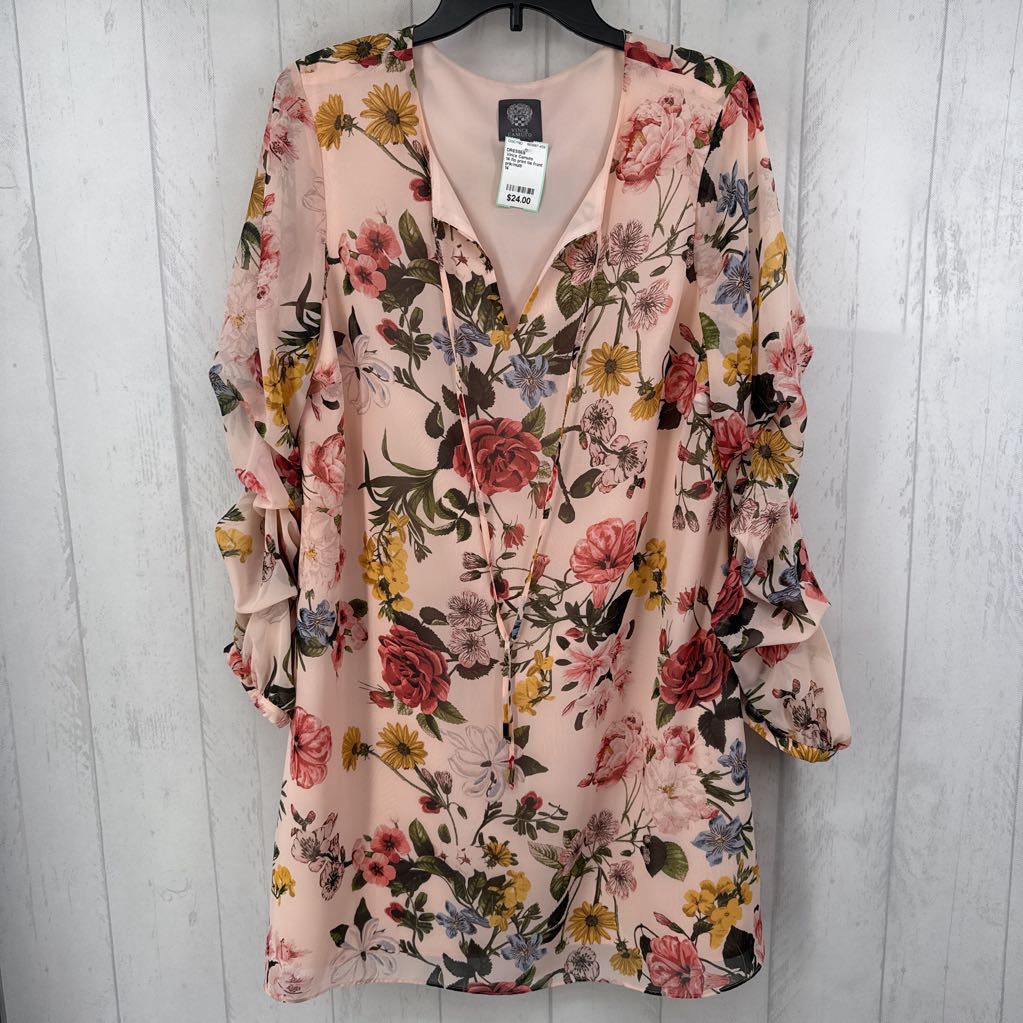 14 flo print tie front ruched slv dress