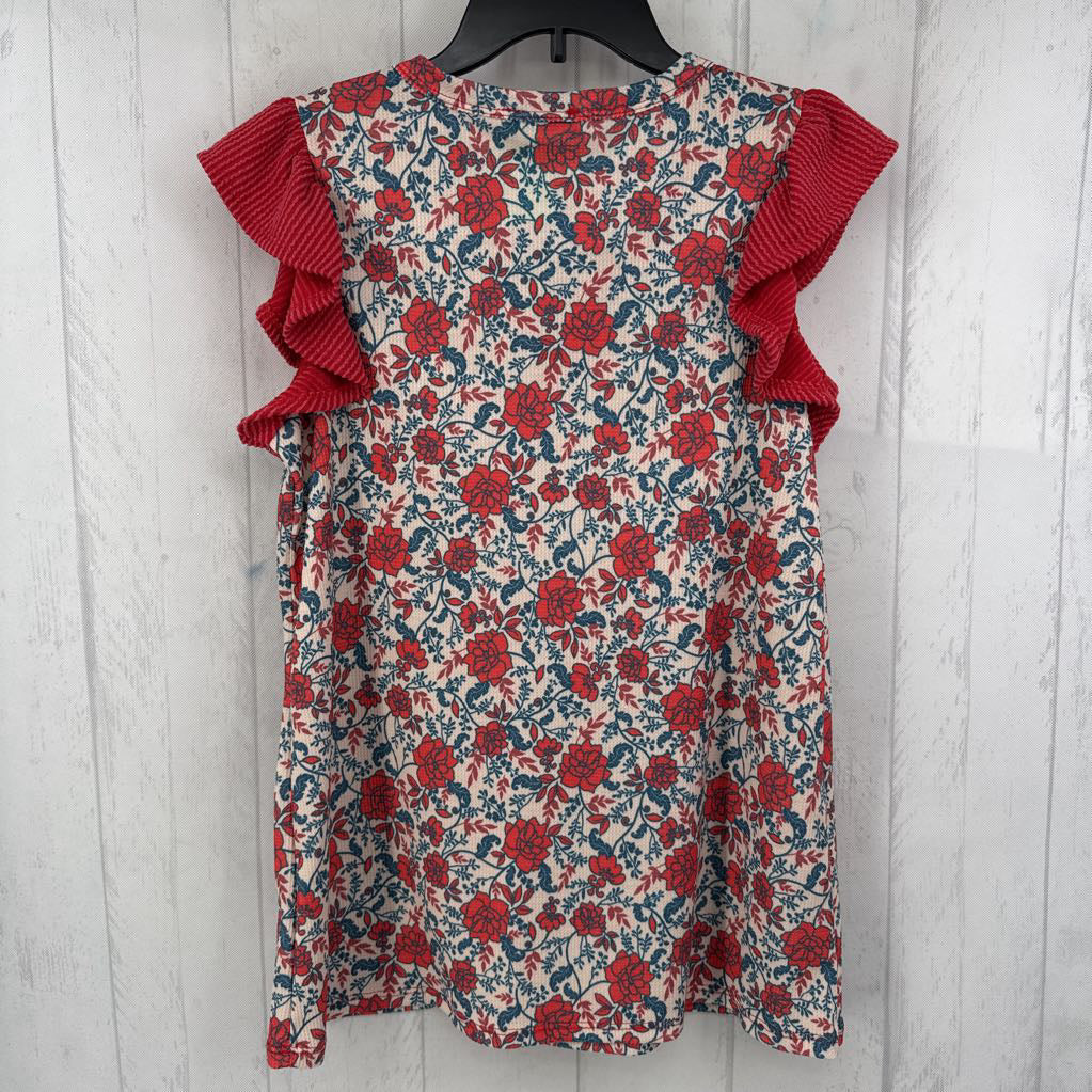 S flo print split neck flutter slv top