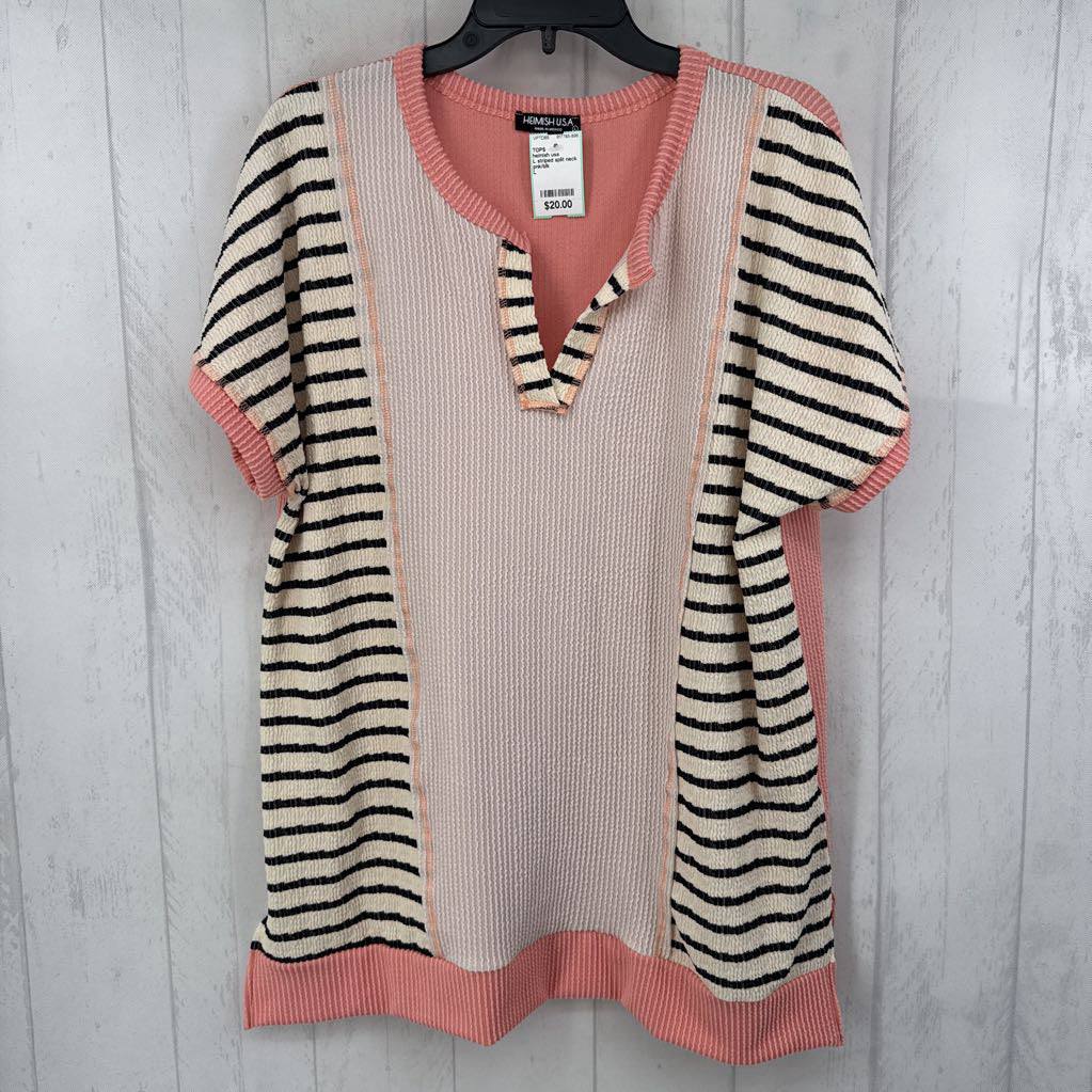 L striped split neck s/s top