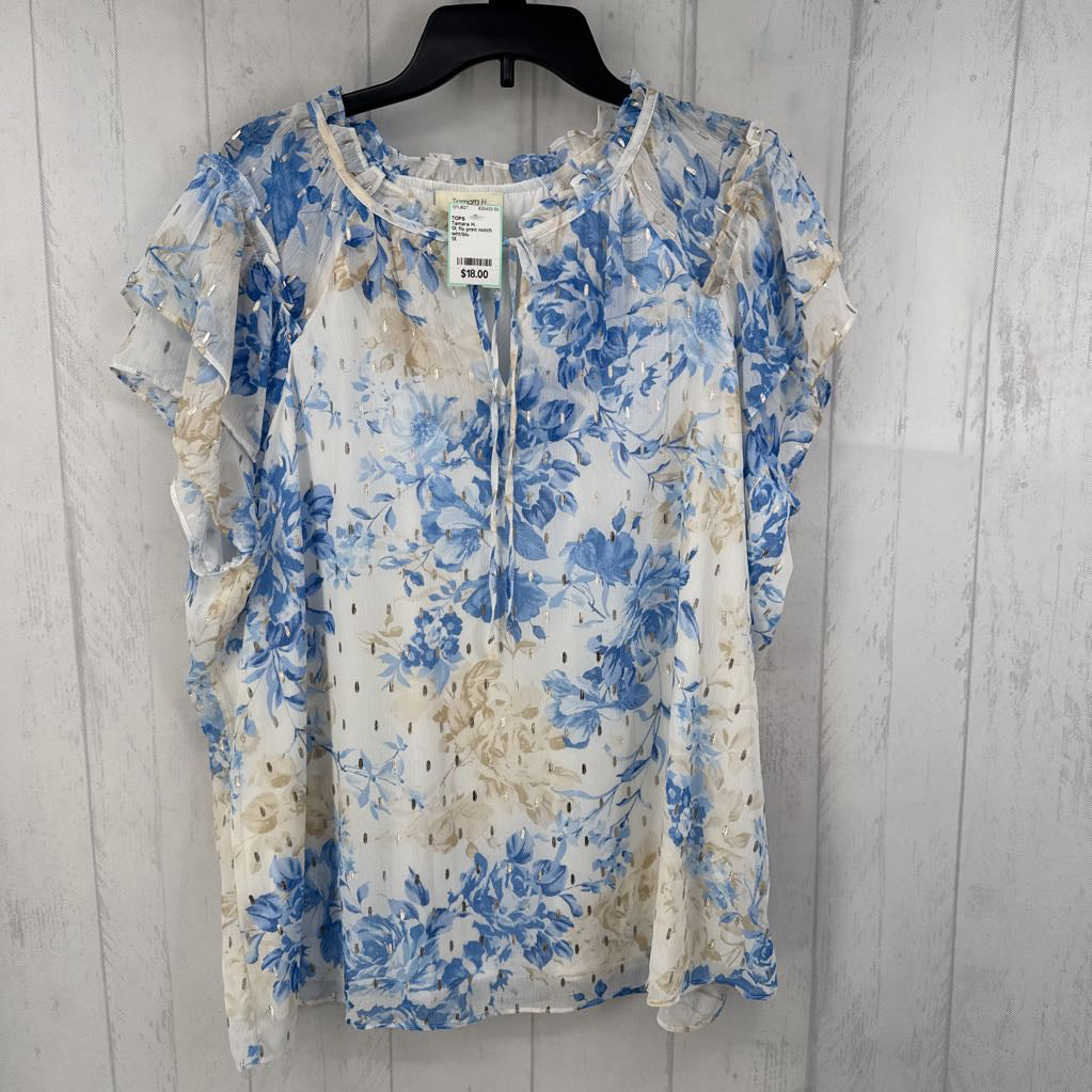 1X flo print notch neck ruffled slv top